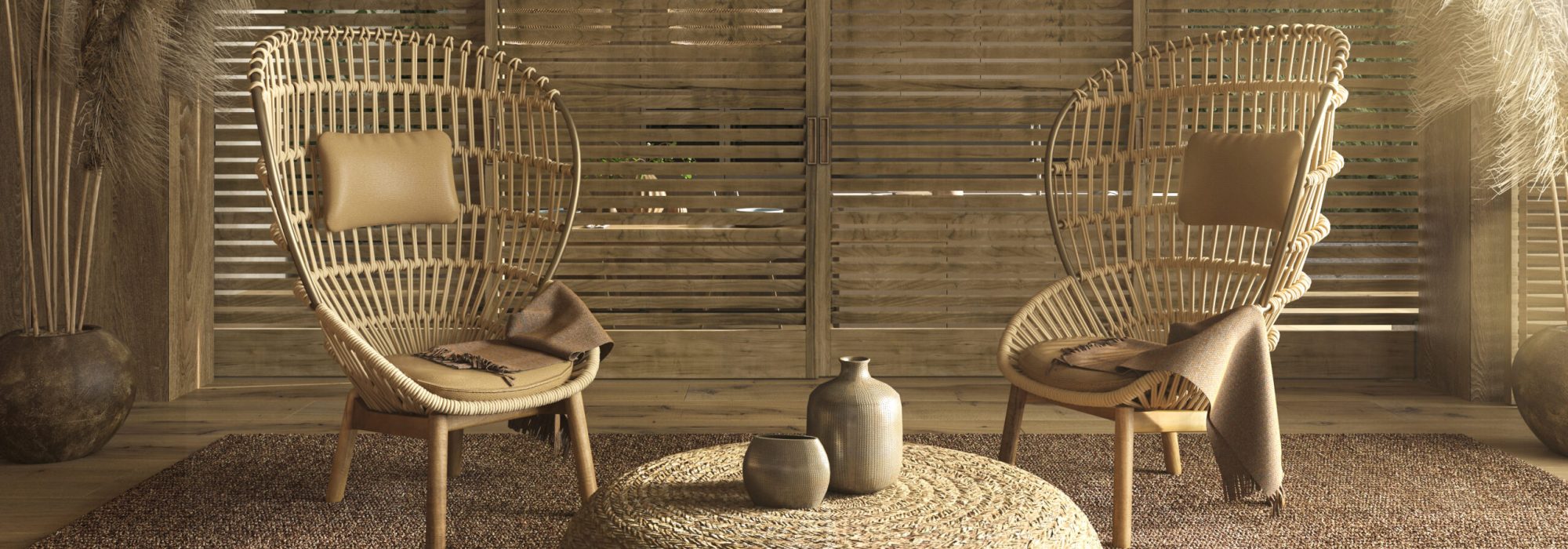 home interior in scandinavian style. living room design with boho natural wooden furniture on background. 3d rendering illustration.